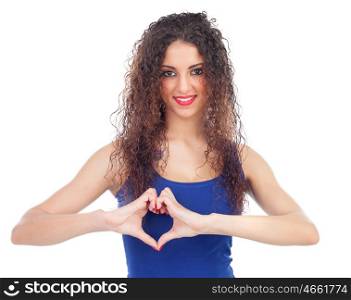 Lovely woman making a heart with her hands isolated on a white background