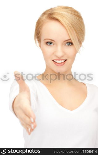 lovely woman with an open hand ready for handshake