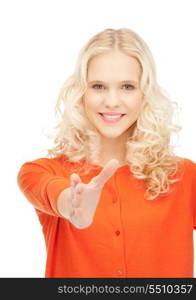 lovely woman with an open hand ready for handshake