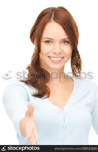lovely woman with an open hand ready for handshake