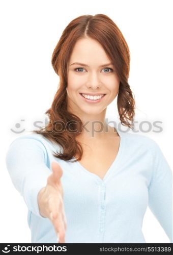 lovely woman with an open hand ready for handshake