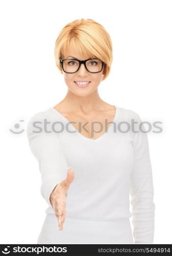 lovely woman with an open hand ready for handshake&#xA;