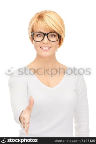 lovely woman with an open hand ready for handshake&#xA;