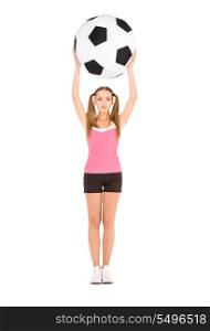 lovely woman with big soccer ball over white
