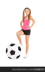 lovely woman with big soccer ball over white