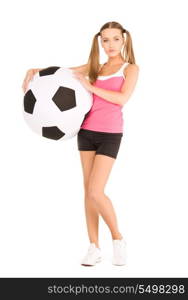 lovely woman with big soccer ball over white