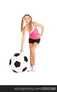 lovely woman with big soccer ball over white