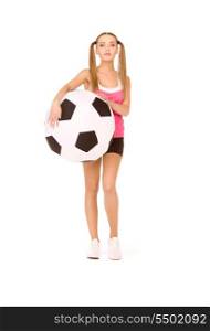 lovely woman with big soccer ball over white