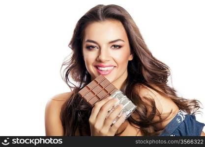 lovely woman with chocolate on white background