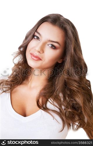 lovely woman with long hair on white background