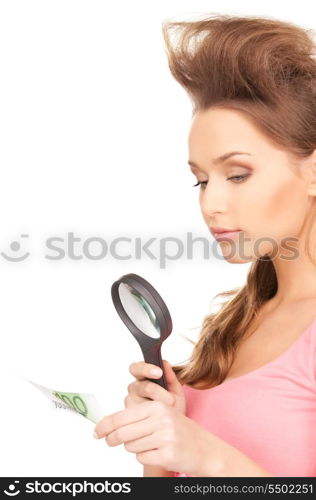 lovely woman with magnifying glass and money