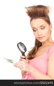 lovely woman with magnifying glass and money