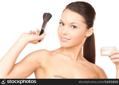 lovely woman with powder and brush over white&#xA;