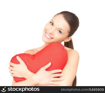 lovely woman with red heart-shaped pillow over white&#xA;