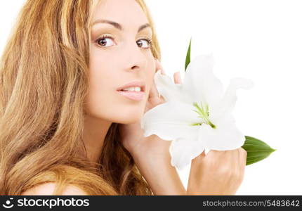 lovely woman with white madonna lily flower