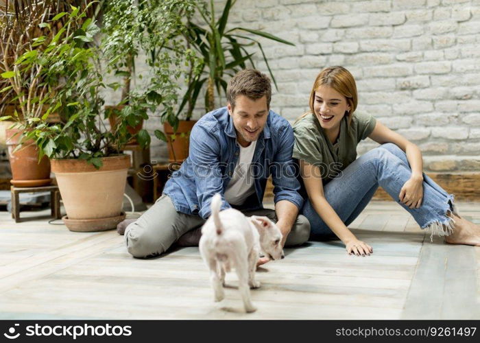 Lovely young couple sitting at rustic living room floor and playing with cute white dog