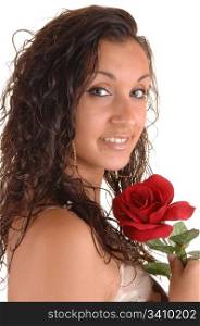 Lovely young teenager in a portrait shot with a red rose and curly hair,for white background.