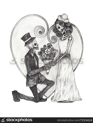 Lover Couple Wedding Skulls.Hand drawing on paper.