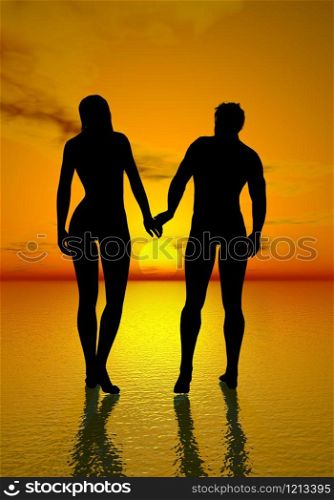Lovers couple walking upon the ocean toward beautiful sunset. Young lovers by sunset