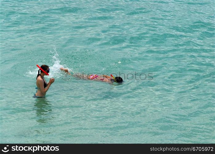 Lovers snorkel in the pristine waters of Koh Tao, tranquil, tranquility, tropical, paradise, pristine, tropical, heaven, delight, joy, haven, retreat, sanctuary, oasis, Thailand.