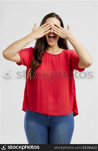 Lovey woman covering her eyes with hands