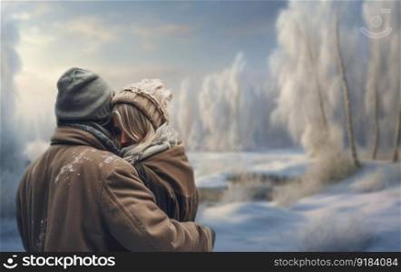 loving couple hugging in Winter wonderlan landscape.romantic love story, a beautiful stylish young boyfriend and girlfriend with blurred winter snow landscape and copy space space for text. loving couple hugging in Winter wonderlan landscape.romantic love story, a beautiful stylish young boyfriend and girlfriend with blurred winter snow landscape and copy space