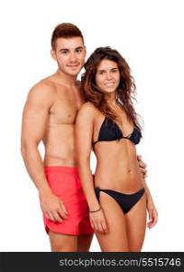 Loving couple in swimwear isolated on white background