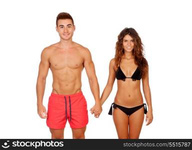 Loving couple in swimwear isolated on white background