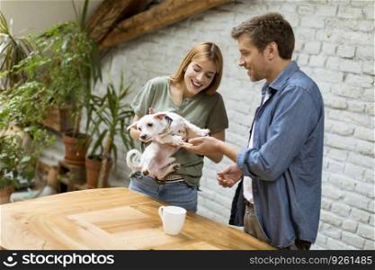 Loving couple playing with cute white dog in the room