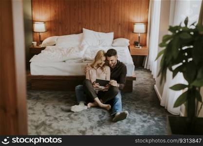 Loving couple sitting on the floor in bedroom and using digital tablet