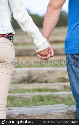 Loving couple walking hand in hand through the park
