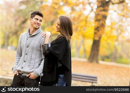 Loving couple walking in the autumn park