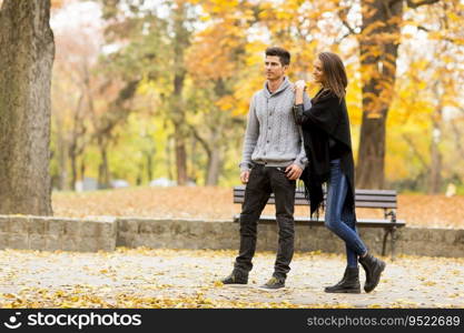 Loving couple walking in the autumn park