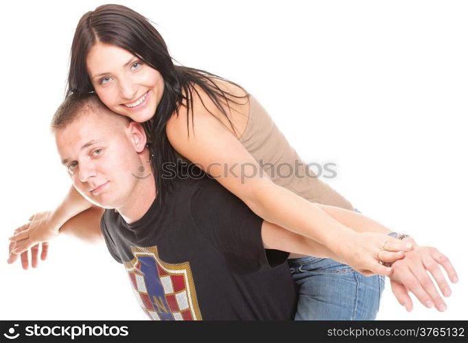 Loving embracing Portrait of a beautiful young happy smiling couple isolated young relaxing
