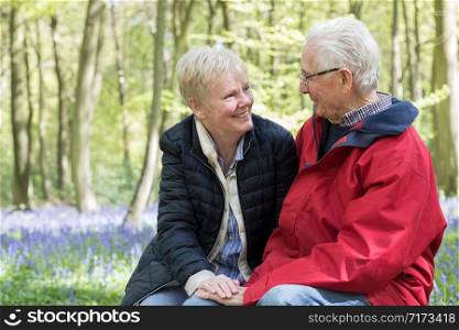 Loving Senior Couple Taking Break On Walk Through Bluebell Wood