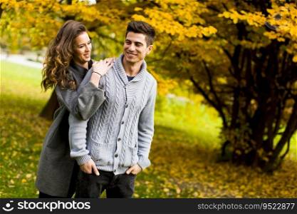 Loving young couple in the autumn park