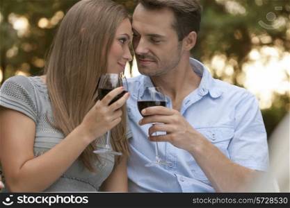 Loving young couple toasting red wine in park