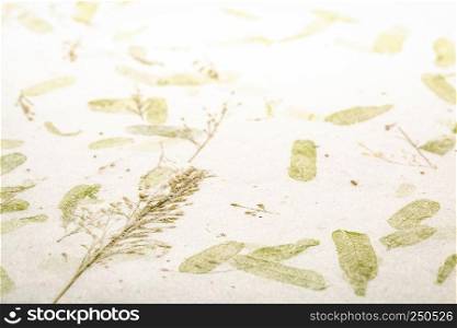 low angle close up of handmade mulberry paper with leaves and petals