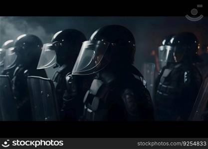 Low angle of anonymous police soldiers in protective uniforms and helmets standing against squad van and defending by riot shields. Neural network AI generated art. Low angle of anonymous police soldiers in protective uniforms and helmets standing against squad van and defending by riot shields. Neural network AI generated