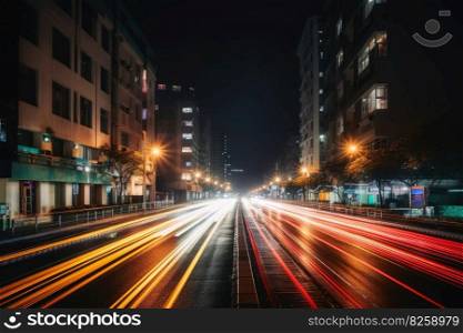 Low angle street view at night with long light trails long exposure created with generative AI technology