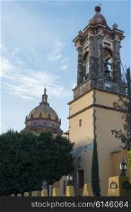 Low angle view of a bell tower at church, Zona Centro, San Miguel de Allende, Guanajuato, Mexico