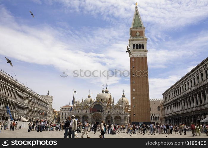 Low angle view of a bell tower, St. Mark&acute;s Cathedral, St. Mark&acute;s Square, Venice, Italy