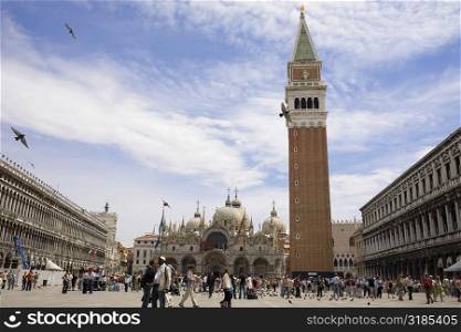 Low angle view of a bell tower, St. Mark&acute;s Cathedral, St. Mark&acute;s Square, Venice, Italy