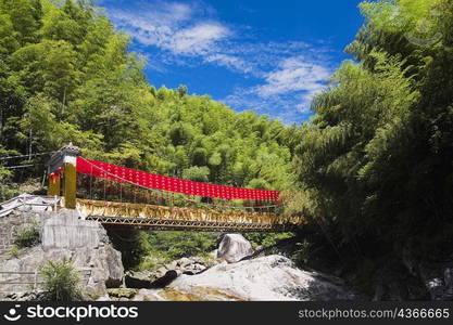 Low angle view of a bridge decorated with Chinese lanterns, Emerald Valley, Huangshan, Anhui Province, China