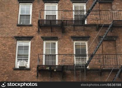 Low angle view of a building fire escape, New York City, New York State, USA