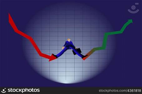 Low angle view of a businessman standing on two line graphs