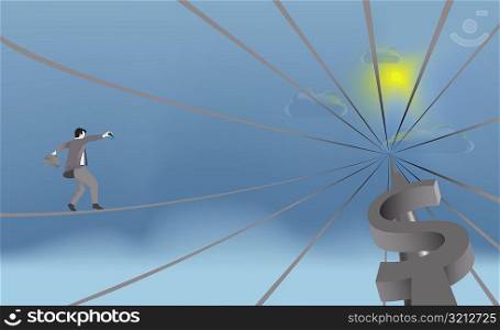 Low angle view of a businessman walking on a wire