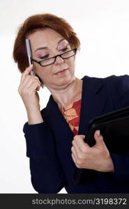 Low angle view of a businesswoman holding a file and a pen