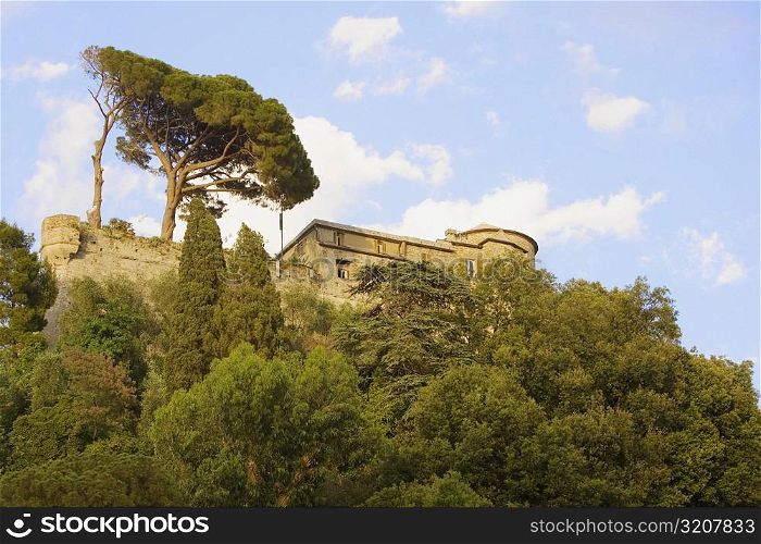 Low angle view of a castle on a hill, Italian Riviera, Genoa, Liguria, Italy