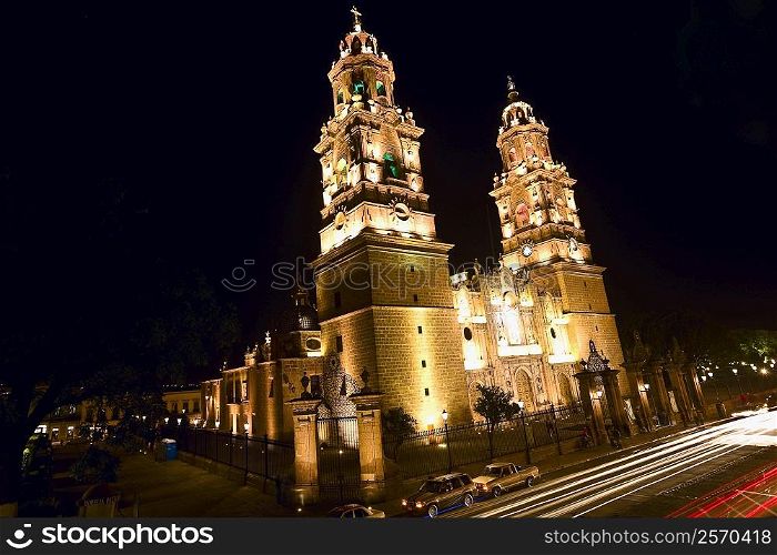 Low angle view of a cathedral lit up at night, Morelia Cathedral, Morelia, Michoacan State, Mexico